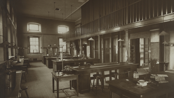 Black and white photograph of a laboratory