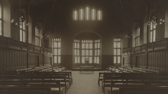 Black and white photograph of the debating hall