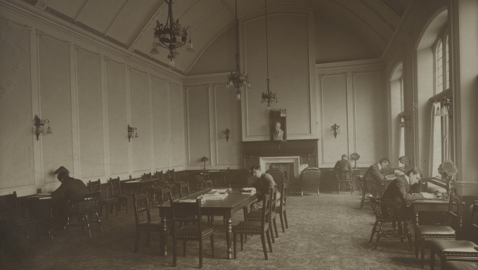 Black and white photograph of the student reading room